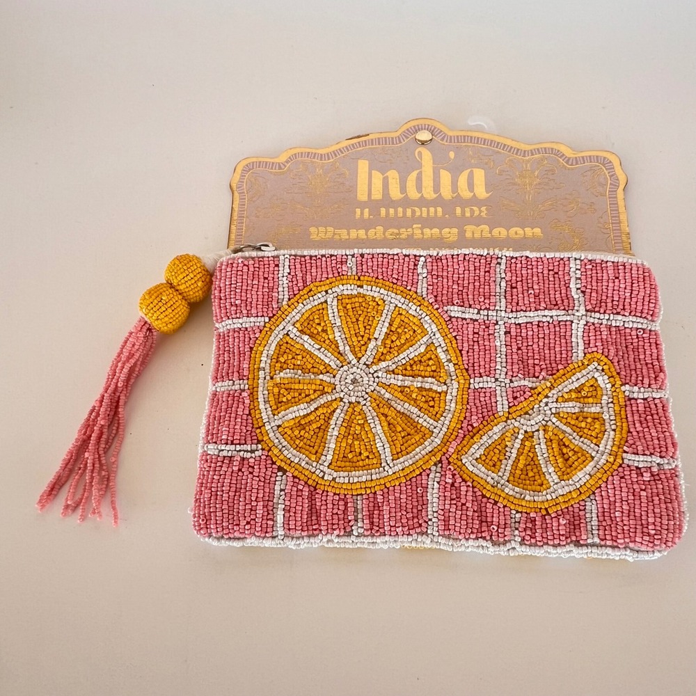 Wandering Moon Beaded Travel Pouch OS Pink Yellow New Citrus Fruit Handmade